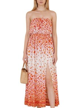 Poupette St Barth Mara Butterfly Maxi Dress Pink Orange Strapless Size L